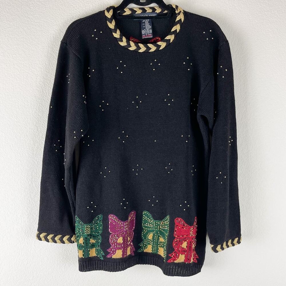 VTG Eagles Eye Sweater‎ Womens Medium Ramie Embroidered Beaded Holiday Hong Kong